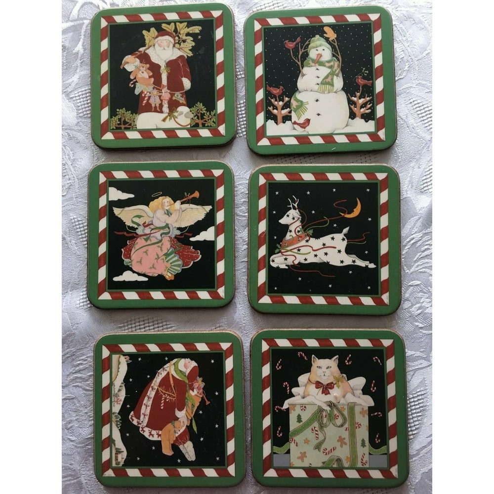 Vtg Pimpernel Christmas Coasters Lot of 6 Box Santa Cat Reindeer Angel 1991 Lake